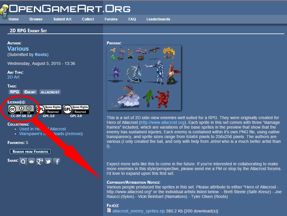 OpenGameArt.org website with CC-BY-SA 3.0 license highlighted