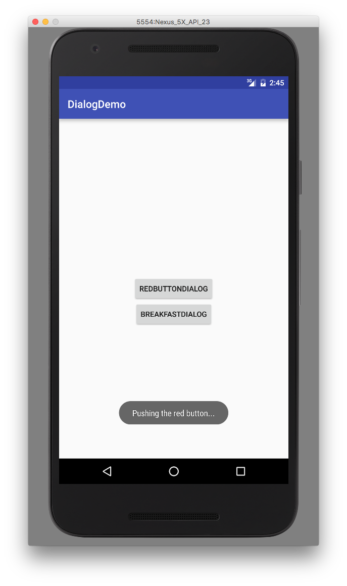 Dialogs Android app with two buttons on screen