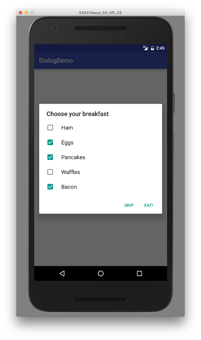 Dialogs Android app with breakfast options pop-up