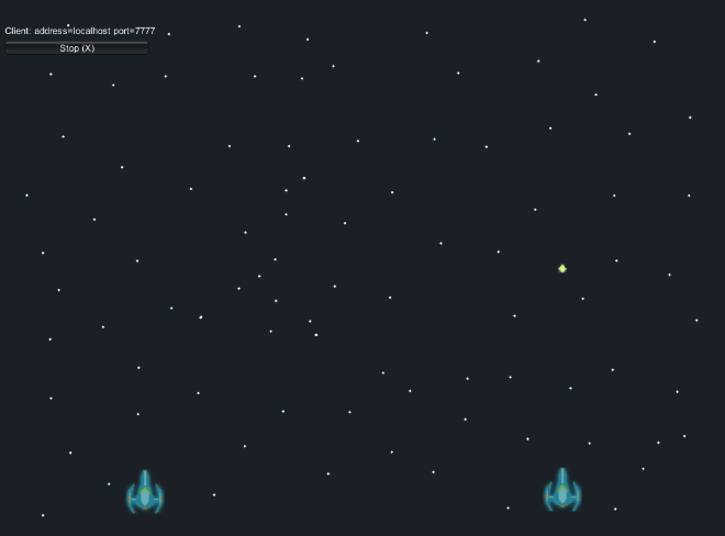 Unity Game scene with two blue spaceships and a bullet