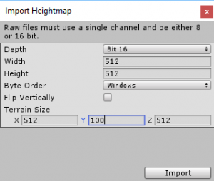 Import Heightmap window in Unity with 100 set for the Y