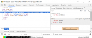 Google Chrome Developer Tools with body tag highlight in Elements