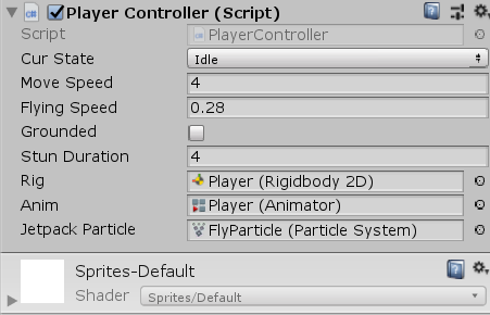 Player Controller Script in the Unity Inspector with all public properties assigned.