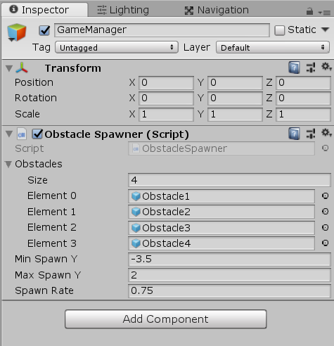 GameManager object in the Unity Inspector window