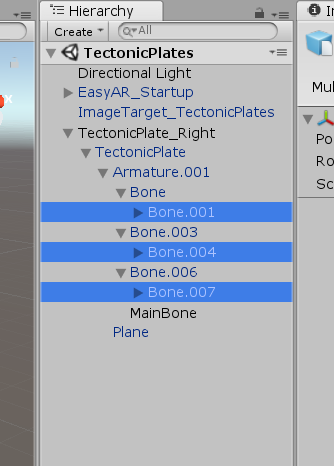 3 Bones objects highlighted for Tectonic Plates in Unity AR project