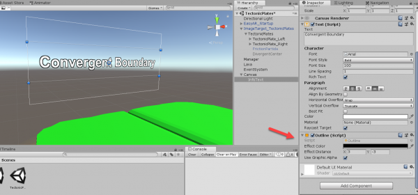Unity canvas with tectonic plate text object added