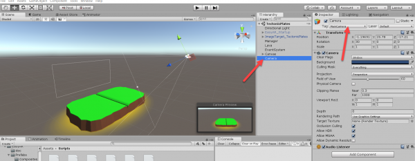 Unity Camera object as seen in Hierarchy and Inspector