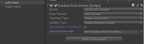 Unity Tracked Pose Driver script component with Use Relative Transform unchecked