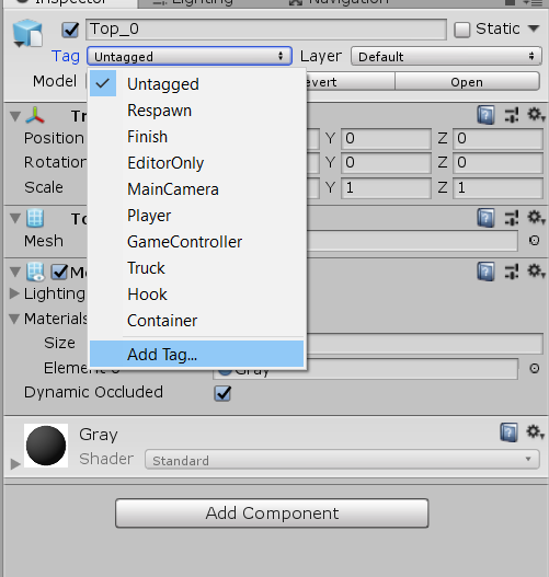 Unity Inspector with Add Tag option highlight from Tag menu
