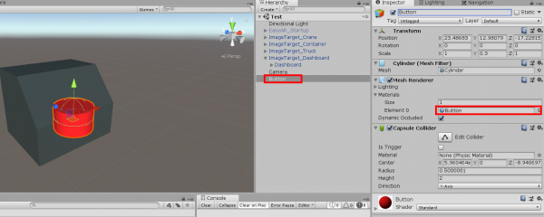 Unity crane app scene with button object added