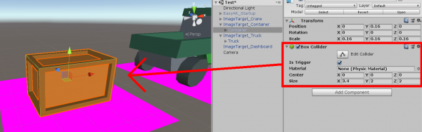 Container object with Box Collider highlighted in Unity Inspector