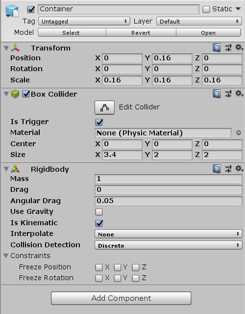 Container object in Unity Inspector with Rigidbody