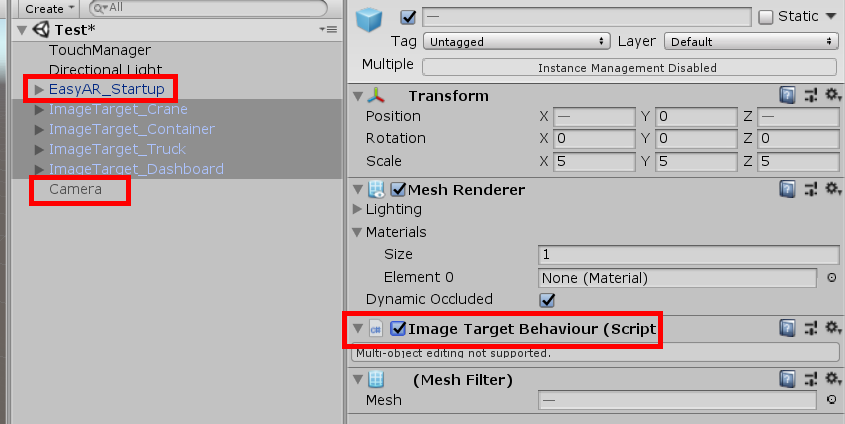 EasyAR_Startup object with Image Target Behaviour script