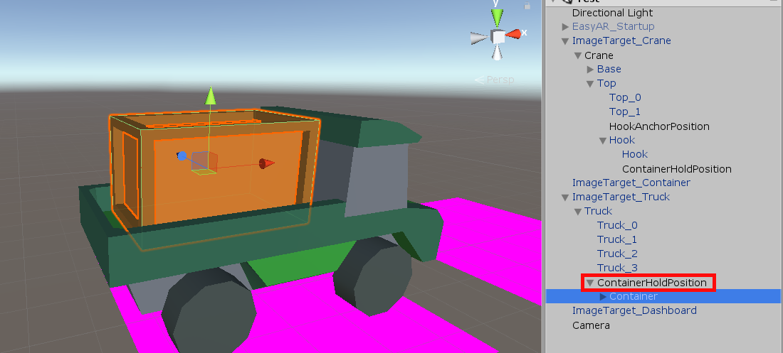 Container object on truck object in Unity crane app