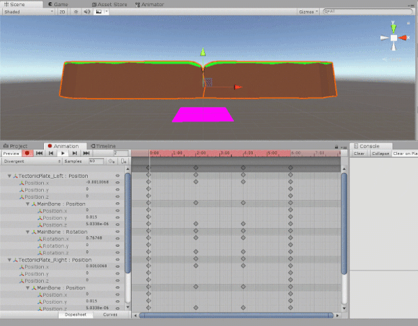 Unity animation demonstration for tectonic plates diverging
