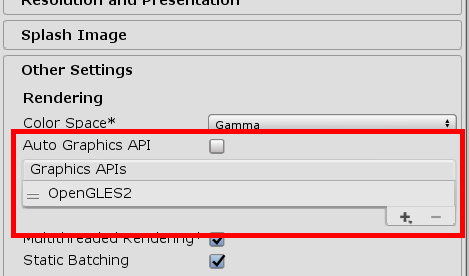 Graphics APIs with OpenGLES2 added in Unity's other settings