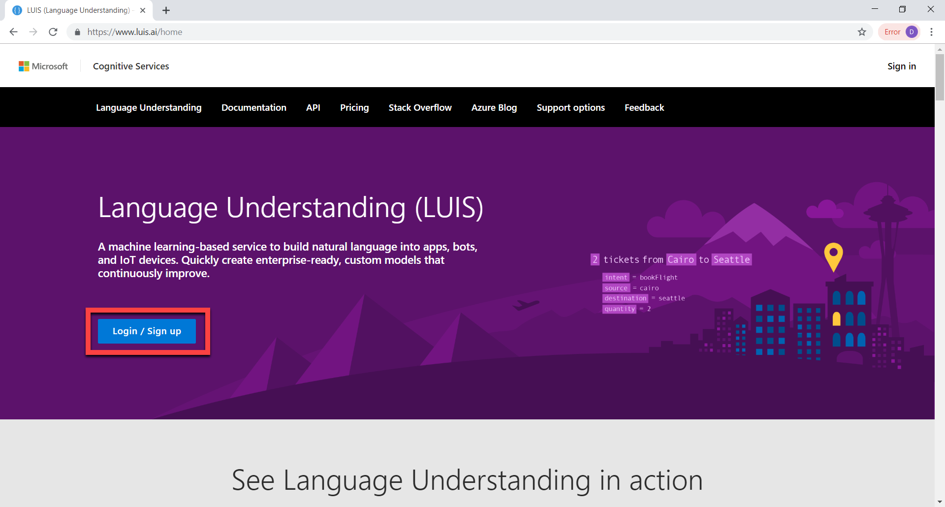 LUIS homepage for Microsoft Cognitive Services