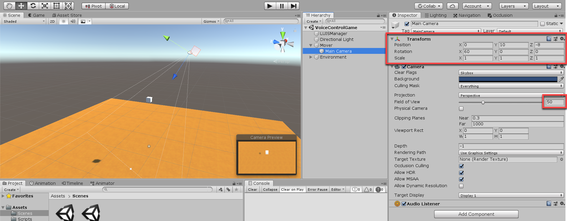 Camera options in the Unity Inspector