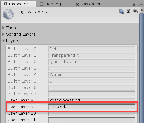 Tags & Layers window in Unity