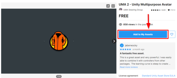 Screenshot of UMA 2 in Unity Asset store with Add to My Assets button highlighted