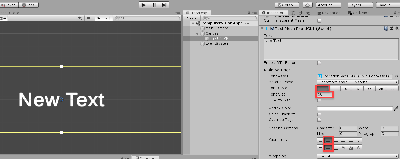 Unity TextMeshPro text settings in Inspector window