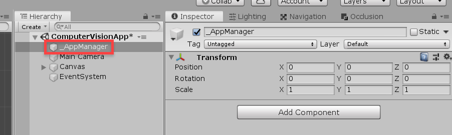 _AppManager object as seen in the Hierarchy and Unity Inspector