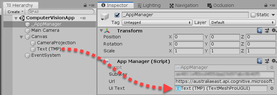 Unity Text Mesh Pro object added to App Manager component