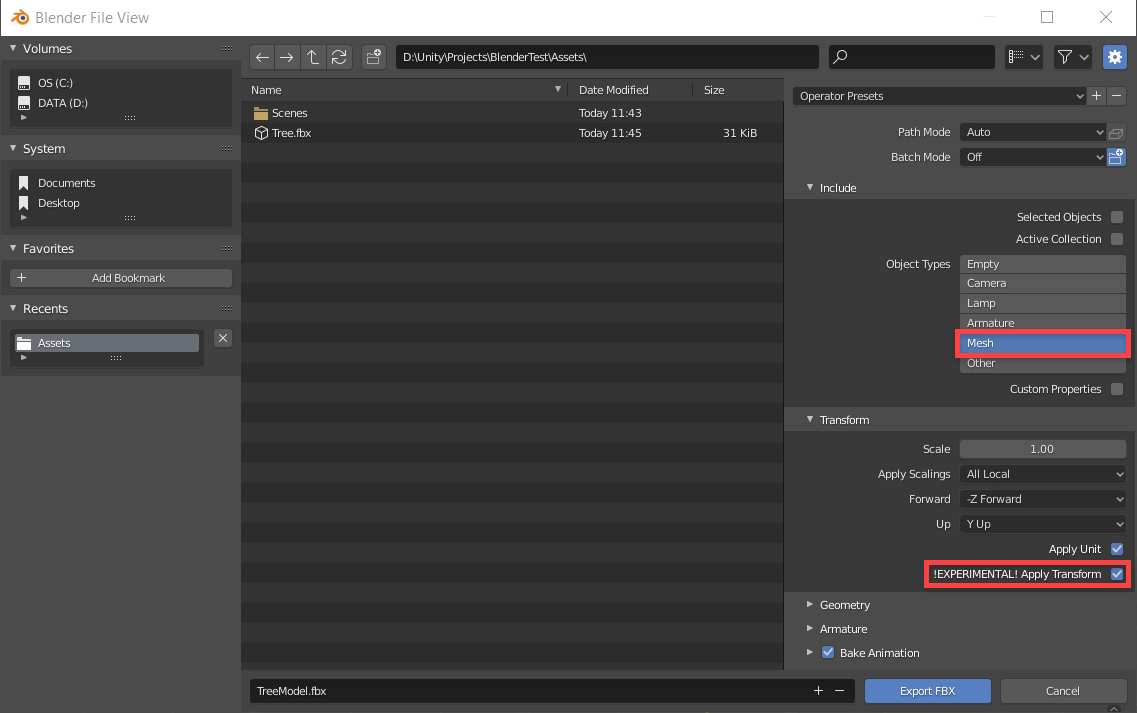 Blender fbx export settings for Unity.