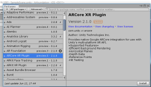 ARCore XR Plugin package information in Unity