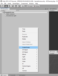 Unity Hierarchy with Create Empty selected from right click menu