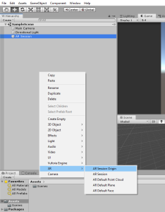 Unity Hierarchy with XR Menu, AR Session Origin selected
