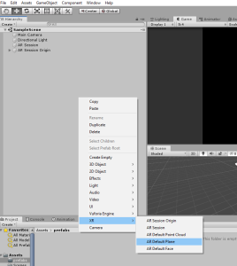 Unity Hierarchy with XR, AR Default Plane selected from right-click menu