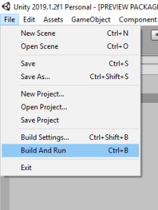 Unity File menu with Build and Run selected