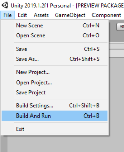 Unity File Menu with Build And Run selected