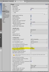 Unity Project settings with camera usage description highlighted