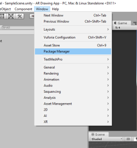 Unity Window menu with Package Manager selected