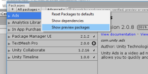 Unity Packages window with Show preview packages selected
