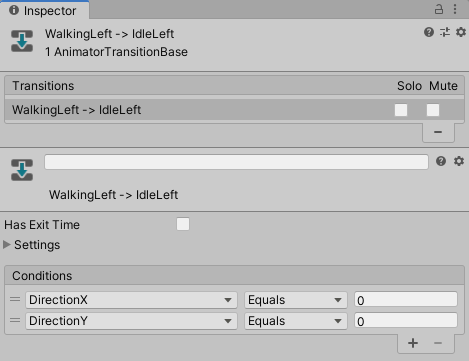 Animator transition between the WalkingLeft and IdleLeft animation states.
