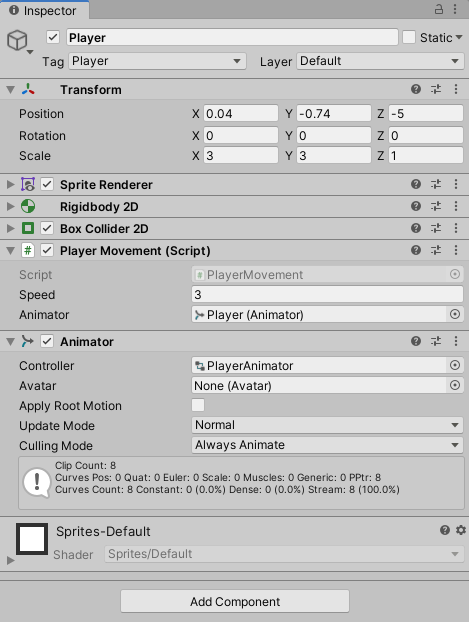 Player prefab with the Animator component attached.