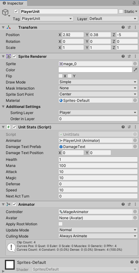 Player unit object with the unit stats and animator component.