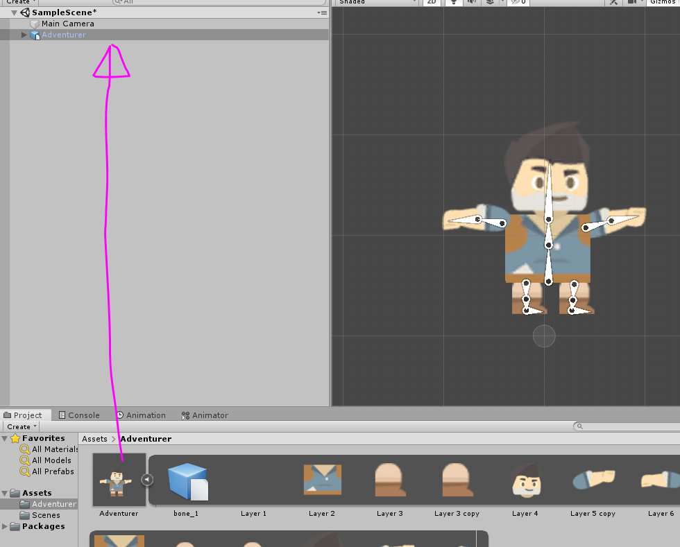 2D Adventurer character dragged into Unity Hierarchy
