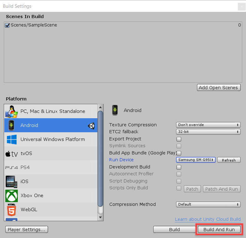 Unity build settings window