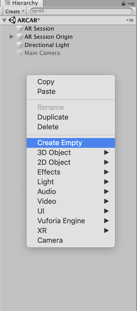 Unity menu with Create Empty selected