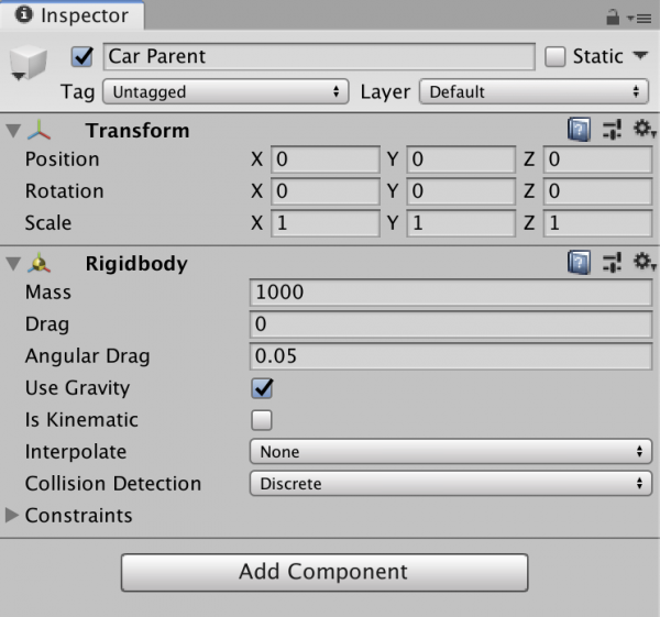 Unity Inspector window with Rigidbody for Car Parent object shown