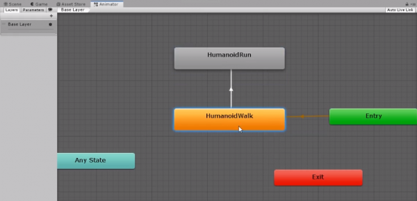 Human walk animation connected to run animation in Unity