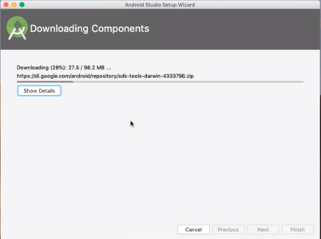 Android Studio downloading components screen
