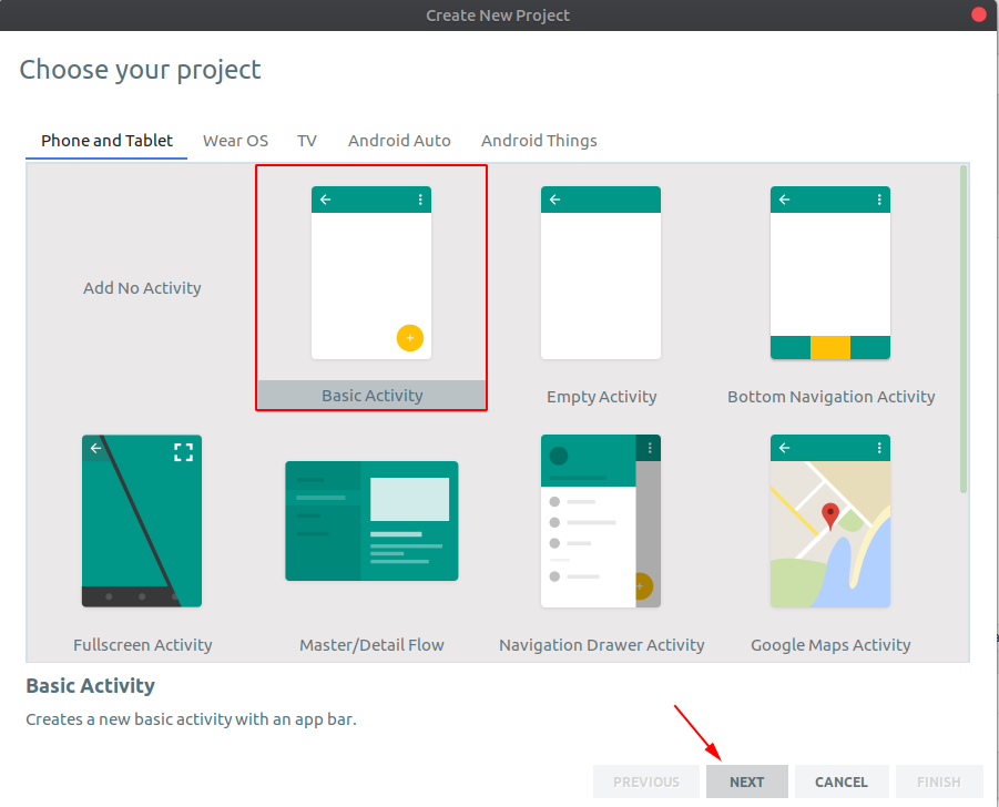 Android Studio choose your project screen