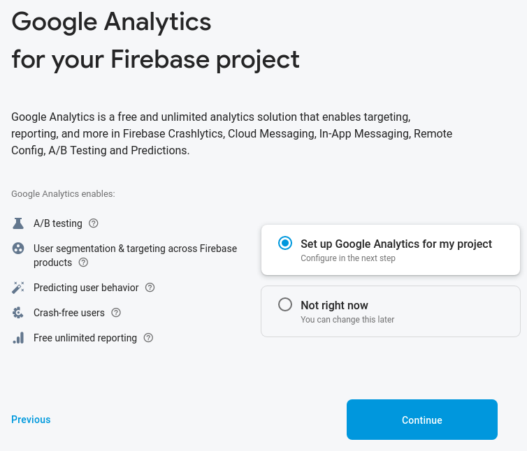 Google Analytics setup option for Firebase project