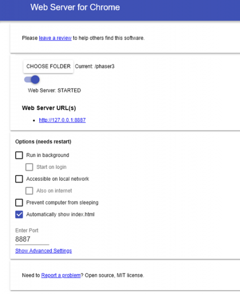 Chrome Web Server options screen