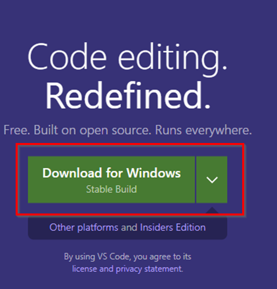 Visual Studio Code download button for windows